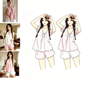 1: WM-H991      V-neck bow-detail cap-sleeve shorts set