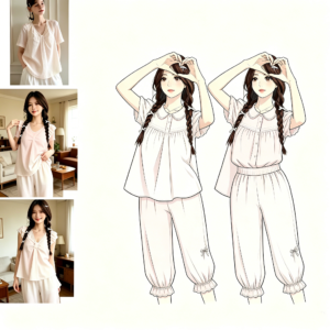 2: WM-H992     Petite-collar short-sleeved top and three-quarter-length trousers loungewear set