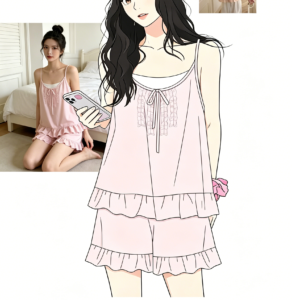 4: JY-4809     Pink lace halter-neck ruffled shorts set